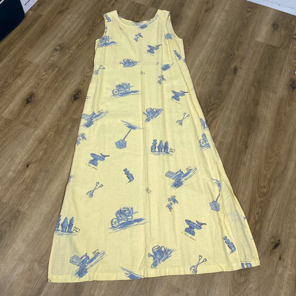 Stonebridge Yellow Linen Blend Midi Dress with gardening motif size medium